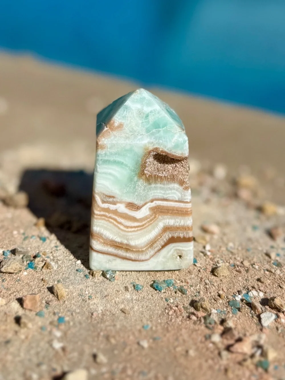 AAA Caribbean Blue Green Banded Aragonite Calcite Crystal Tower